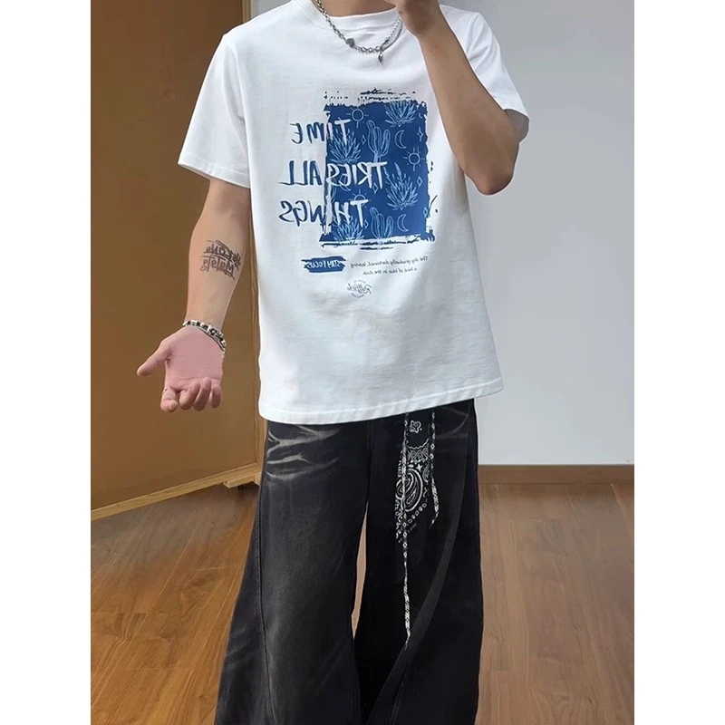 美式潮流短袖男夏季休闲重磅圆领半袖高级感青少年情侣百搭半截袖