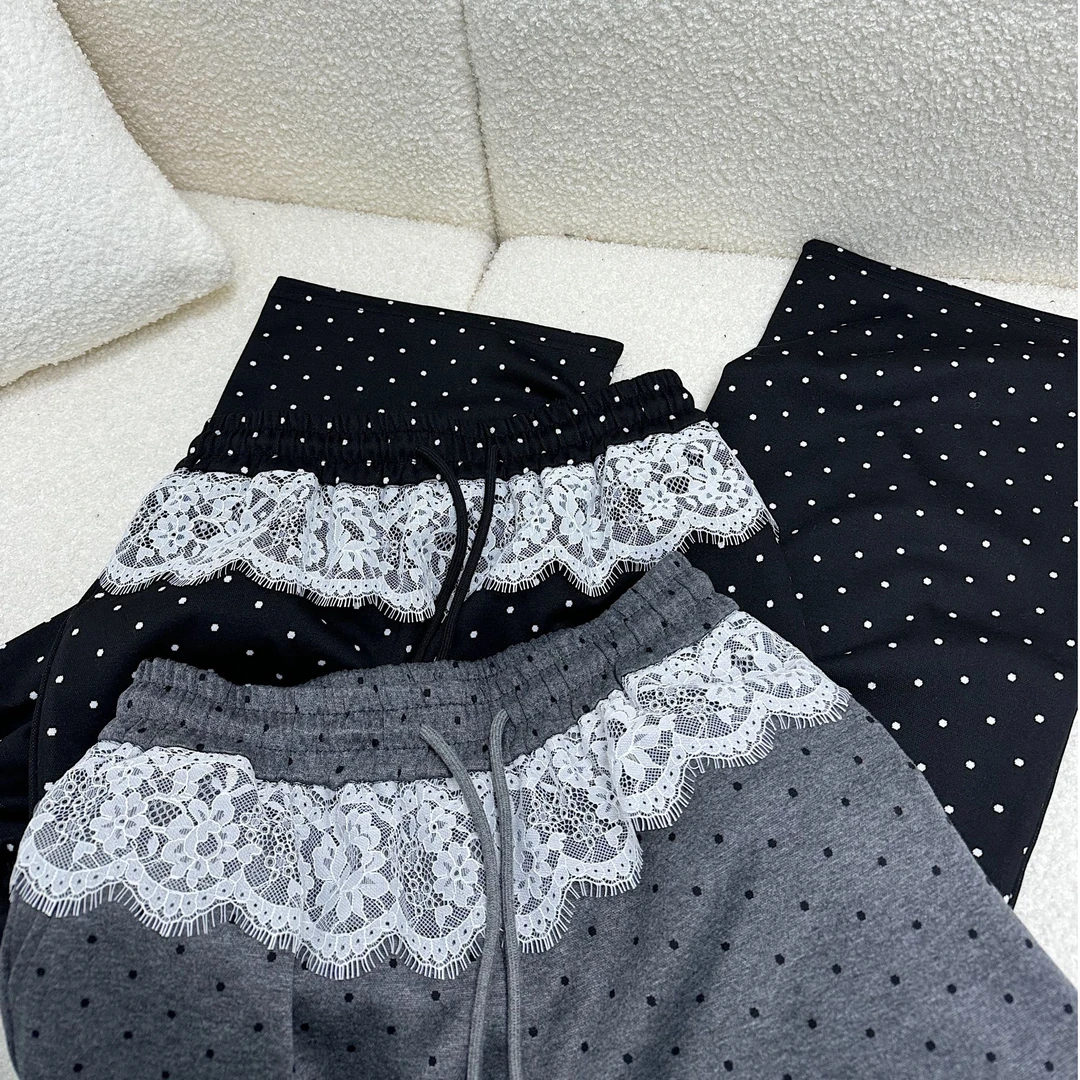 okk！蕾丝花边波点直筒休闲裤女