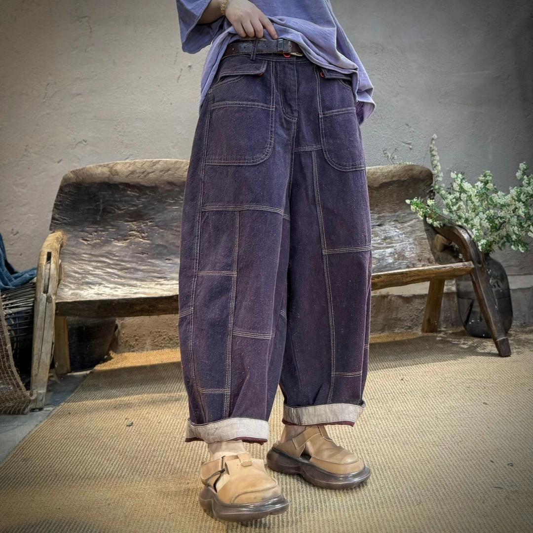 250326衣牧了然春夏棉麻混纺压线八分裤复古文艺宽松休闲直筒裤女