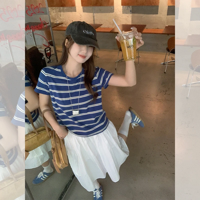 时尚撞色条纹短袖T恤女春夏2025新款宽松显瘦小个子圆领别致上衣