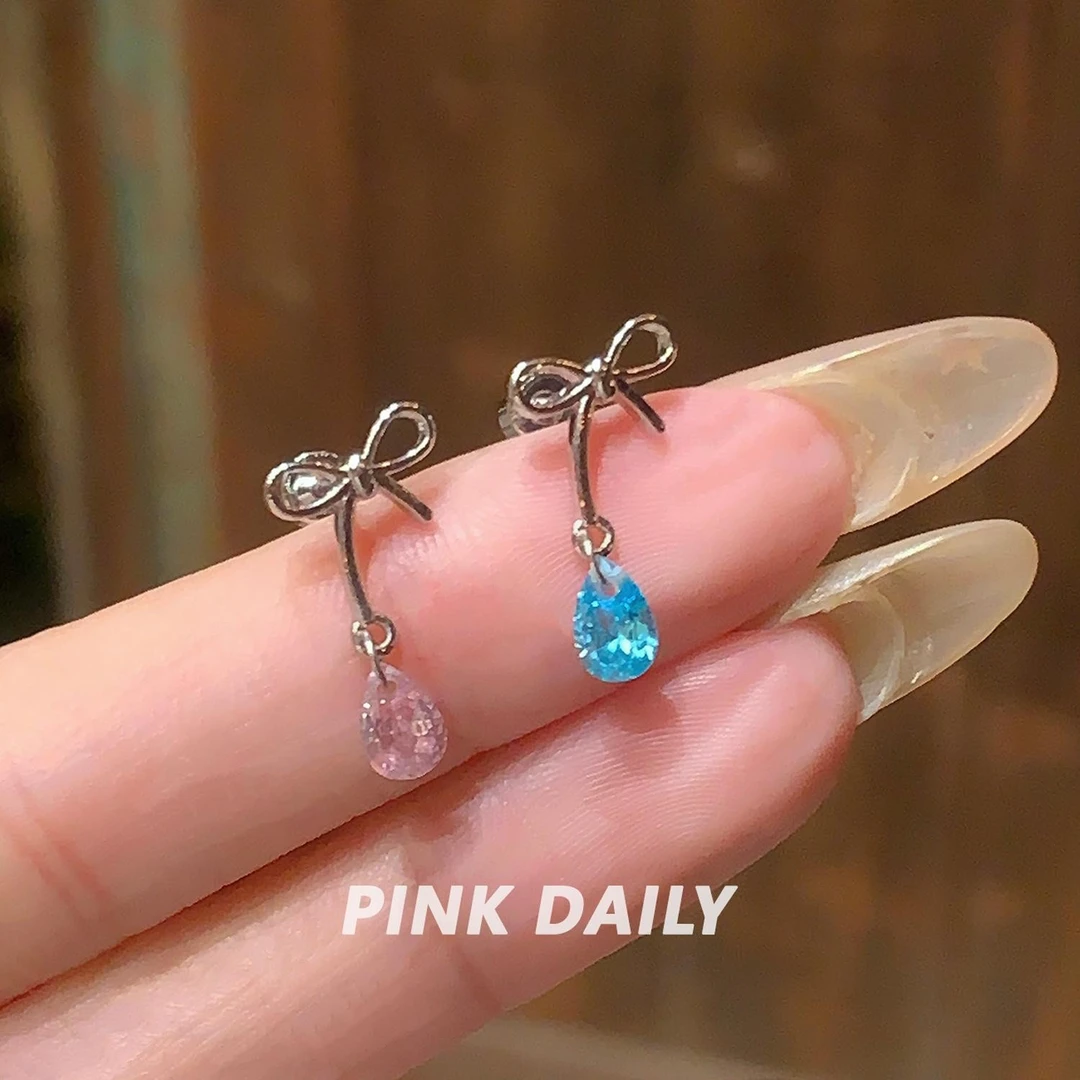 钛钢耳饰 Pink Daily蝴蝶结锆石水滴吊坠耳骨钉独特设计感耳饰