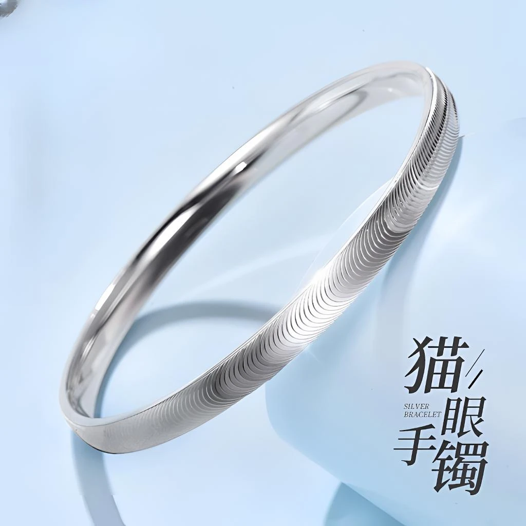 足银手镯 猫眼足银999.9手镯亮面实心气质轻奢高级过年送女友