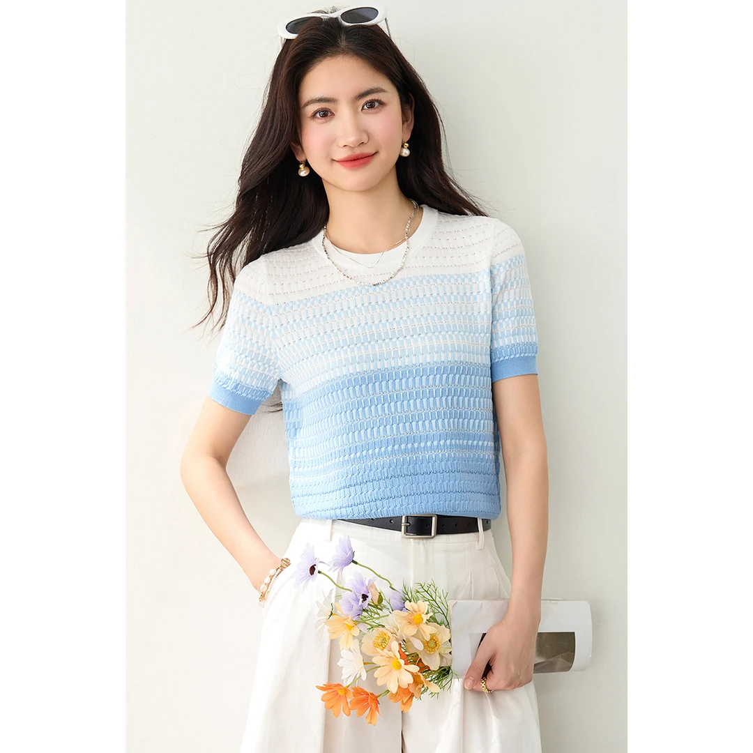 ◆现货◆渐变短袖针织衫女2025年夏季宽松设计感蓝色短上衣