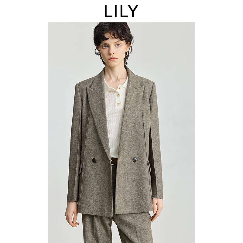 LILY2025冬新款女装羊毛混纺老钱风气质通勤西装外套125429C2904