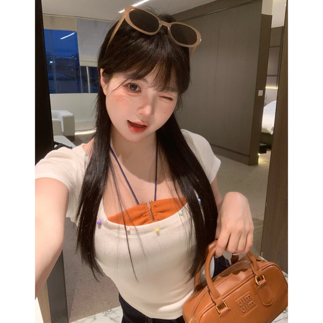 MengFairy 清清【五分甜】假两件拼接挂脖T恤针织收腰显瘦上衣4667