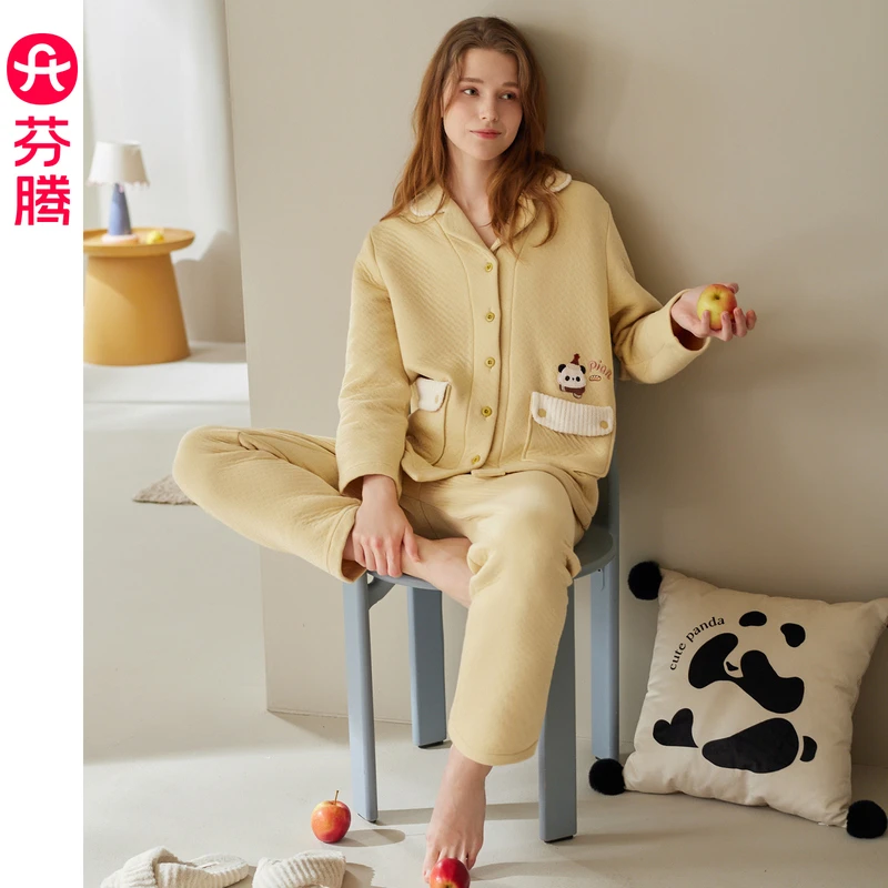 芬腾睡衣女秋冬季空气棉夹层纯棉长袖套装可爱熊猫女款休闲家居服