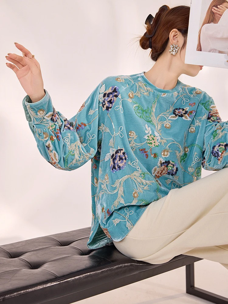 缎面盘扣提花衬衫新中式亮片刺绣气质长袖设计外套