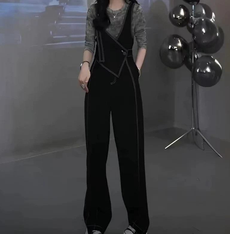 时尚重工设计师双肩带酷飒风纯色显瘦连体裤休闲裤裤子