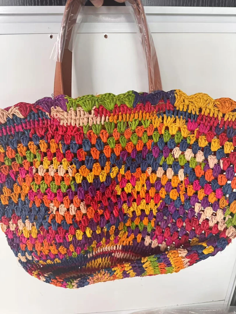 【小满专属】特包拼色手工编织单肩包托特民族风拉菲草包H401-H500