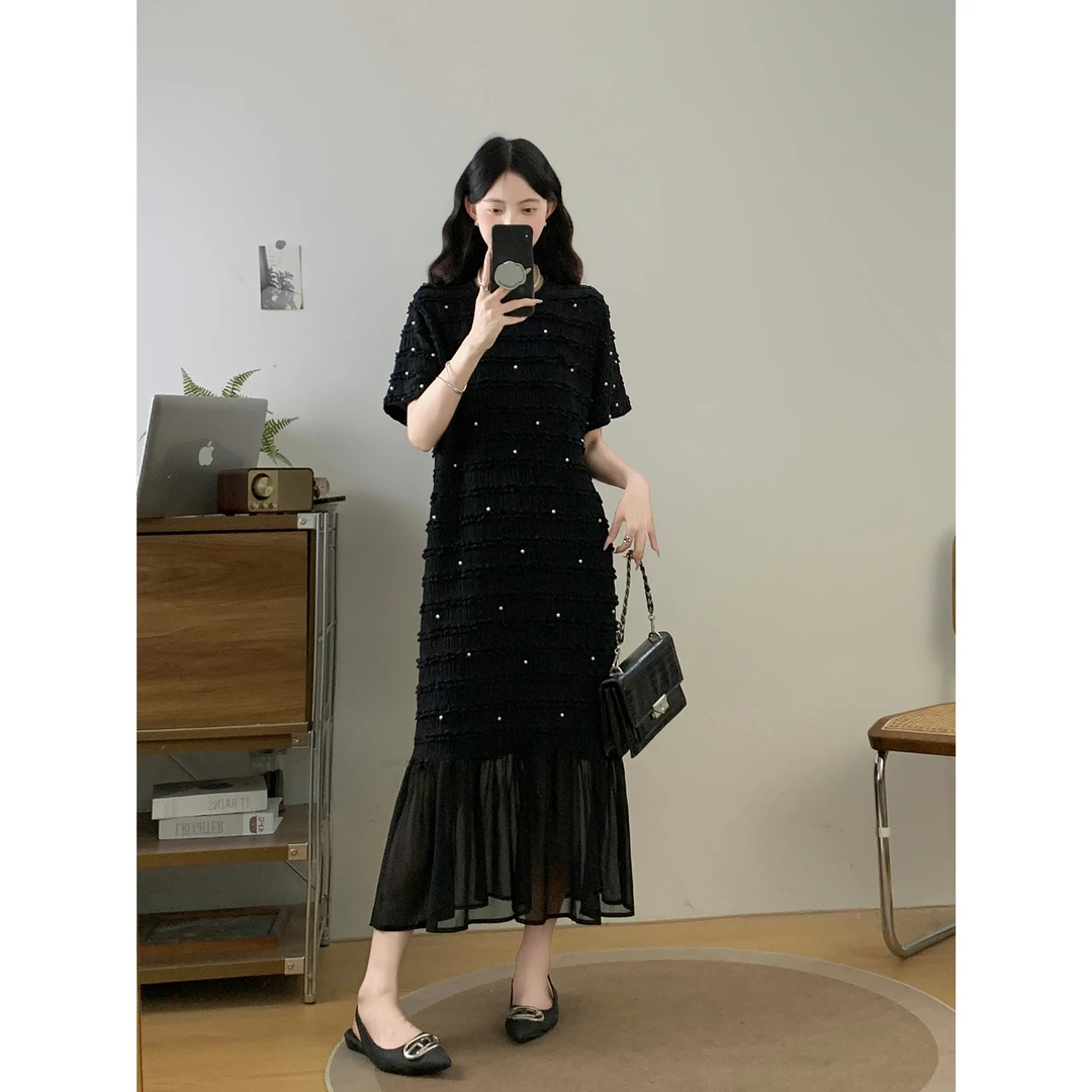 大码女装夏季新款法式时尚轻奢宽松显瘦重工钉珠连衣裙