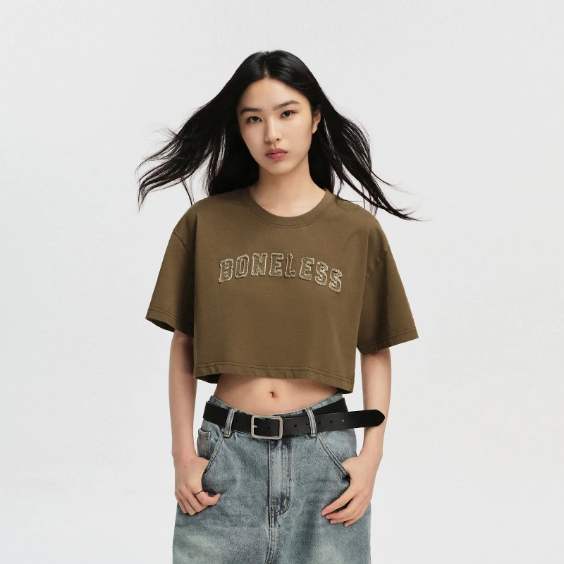 BONELESS短款贴布刺绣短袖复古纯棉辣妹露脐上衣圆领宽松夏季T恤