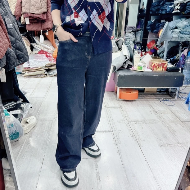 秋冬薄绒经典深蓝直筒百搭弹力牛仔裤69351品
