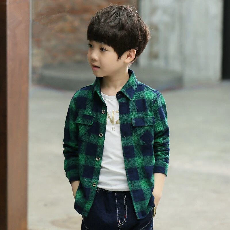 UOSU男童纯棉衬衫磨毛2025新款春秋儿童男孩格子衬衣中大童洋派韩