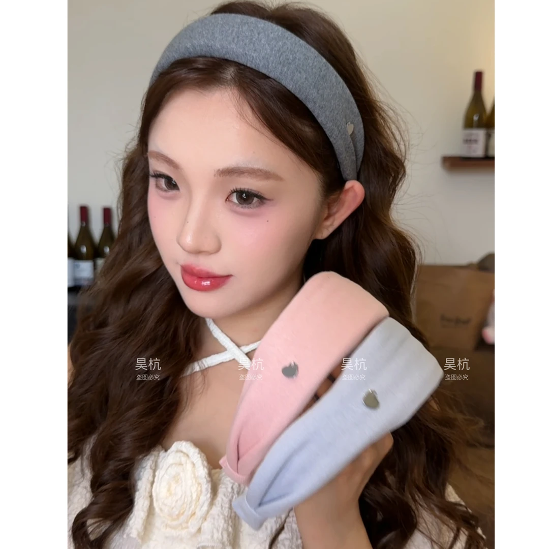 软面爱心标～美式复古棉面纯色宽边高颅顶发箍日常外戴头箍头饰