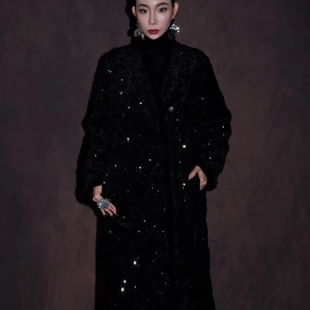 【Lady.Mao专属】设计师款超显瘦奢华丝绒刺绣亮片长款保暖羽绒服