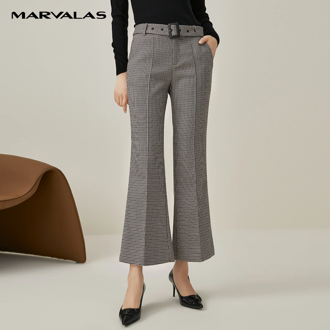 【小熊专属】曼德诗千鸟格长裤女喇叭裤高腰显瘦西装裤修身直筒裤