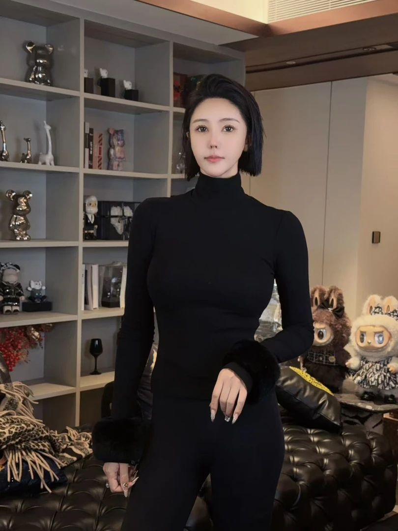 DOUWU【黑暗女神】黑色净版高领毛毛袖长袖上衣SY14129