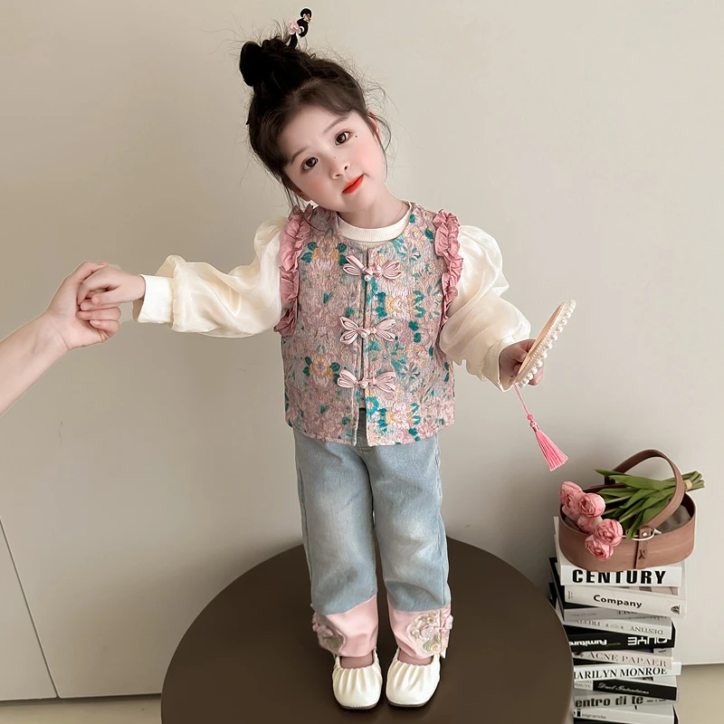 女童国风套装秋季2025新款儿童装新中式马甲三件套唐装国潮春秋装