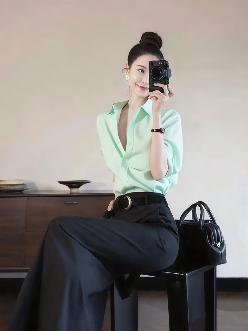 新款翻领薄款25秋季洋气长袖衬衫女polo领衬衣上衣半裙两件套