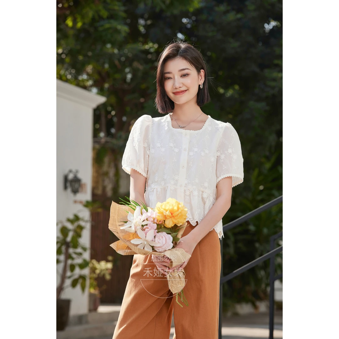 希茜9060 夏季新款女薄款短袖镂空高级感衬衫