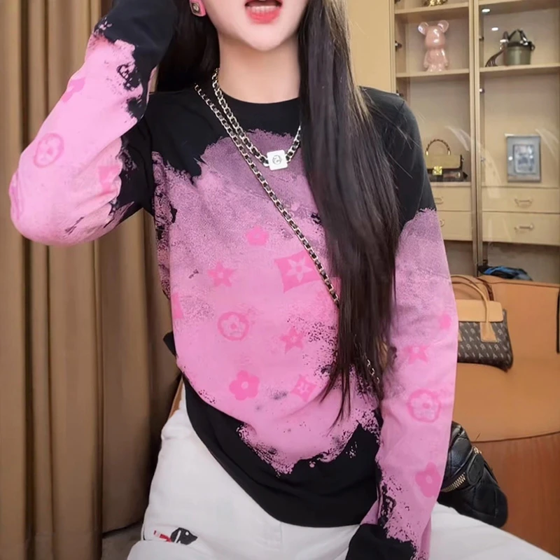 欧洲站无感印花百搭显瘦长袖T恤2025早秋新款撞色螺纹圆领打底衫