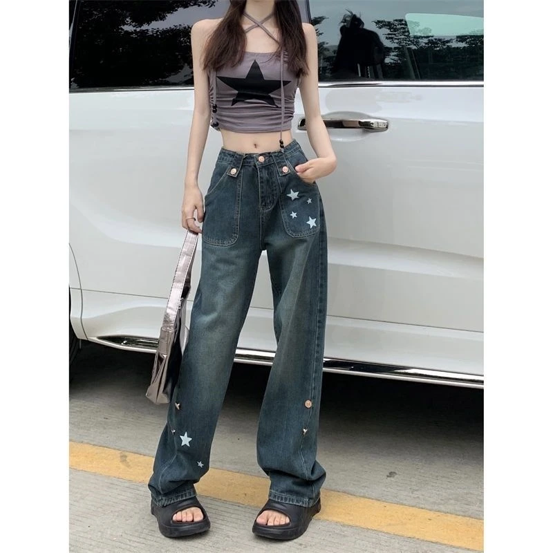 美式街头高街星星直筒牛仔裤胖妹妹大码女装高腰宽松阔腿裤显瘦潮