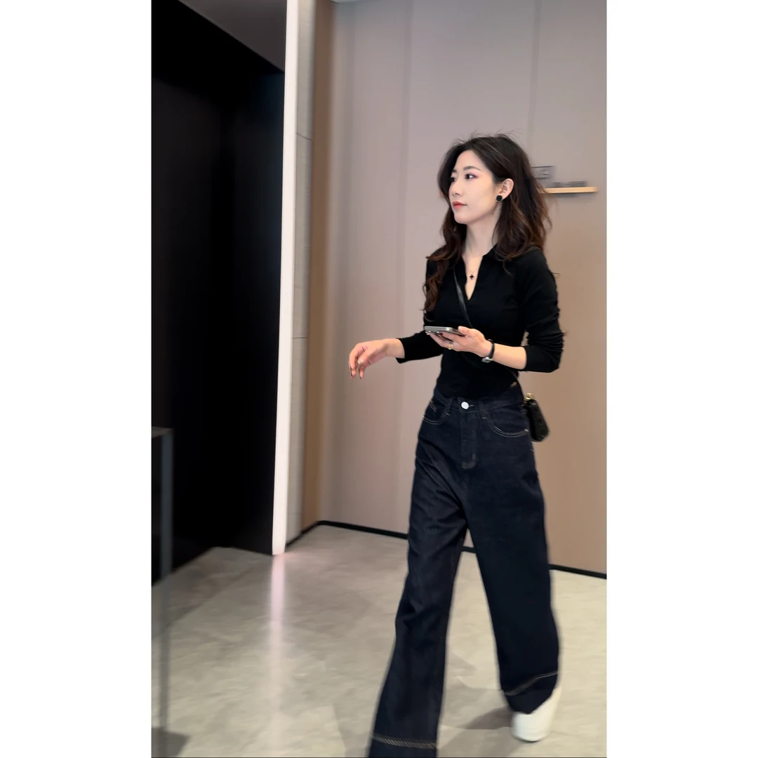 polo领2025年春装新款女装长袖T恤修身短款上衣+高腰牛仔裤