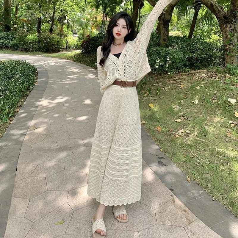 法式慵懒风高级镂空针织开衫名媛女春秋季高腰毛衣裙时尚两件套装