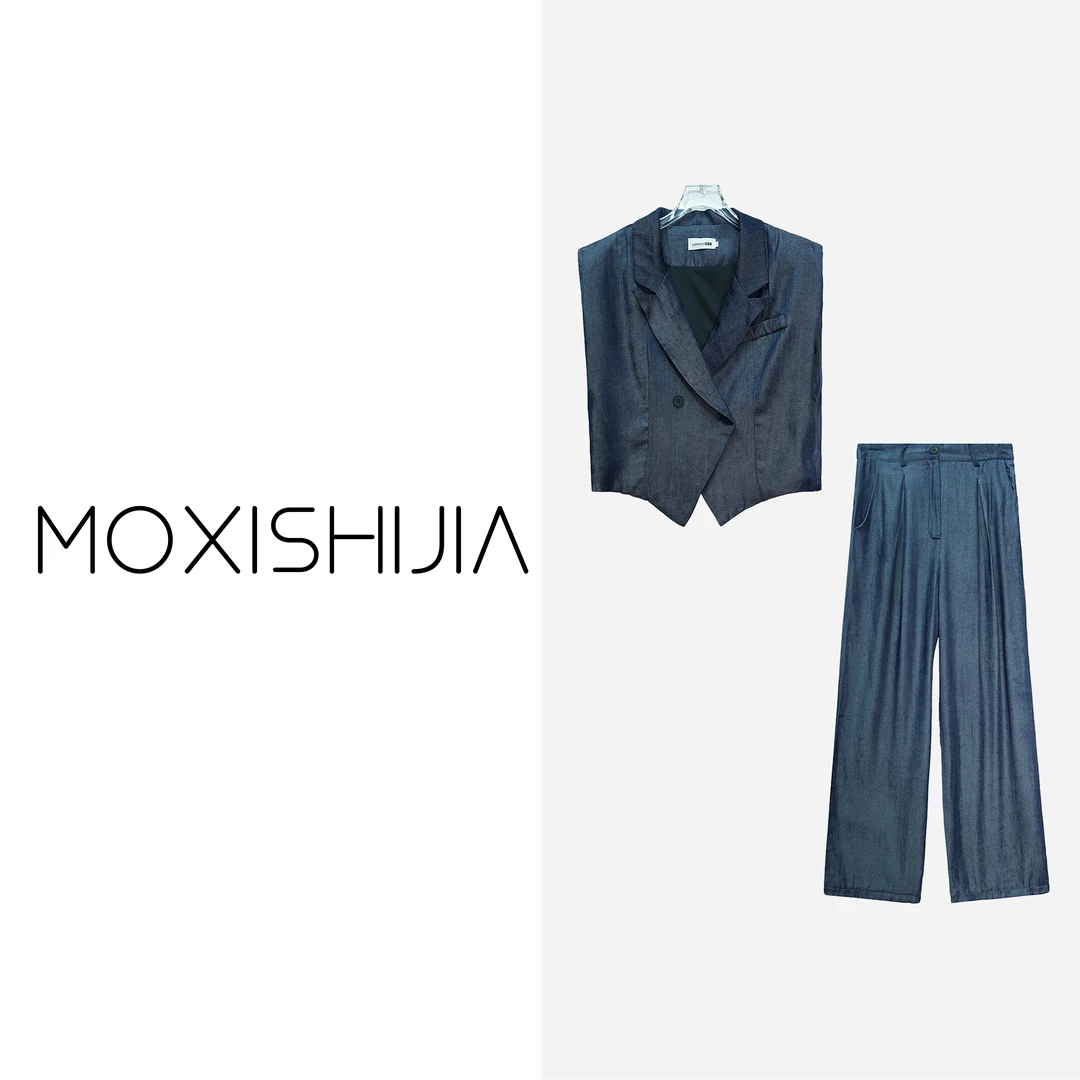 X24119【上新】复古蓝无袖西装领休闲阔腿裤套装