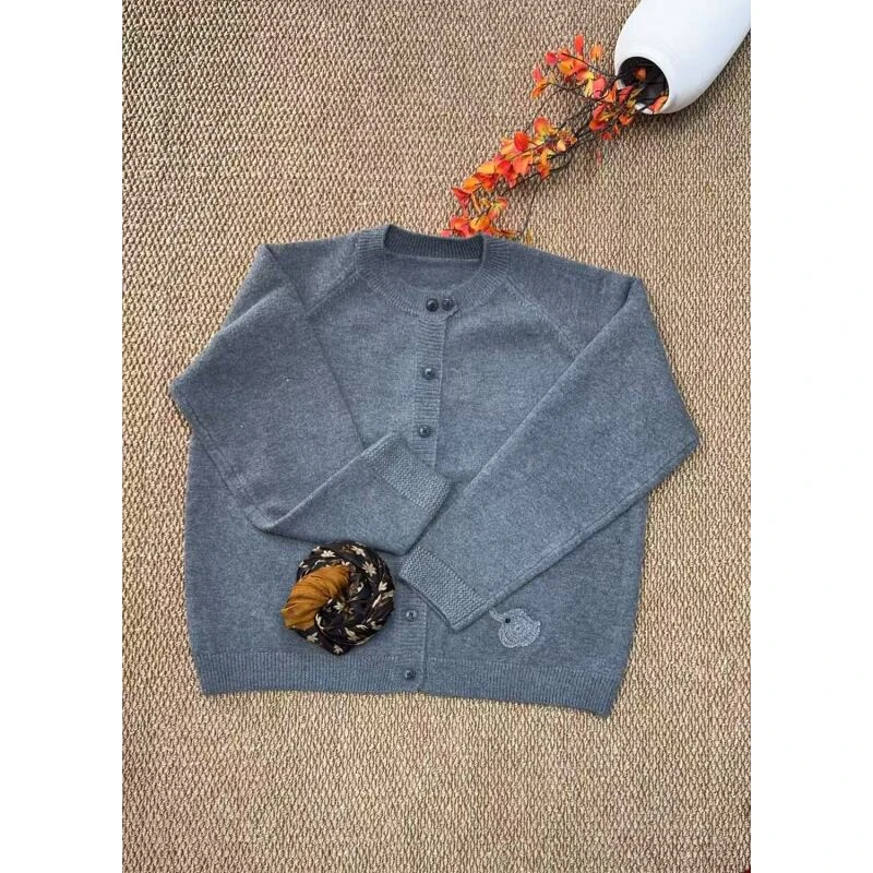 新款圆领开衫毛衣纯色百搭针织衫77517