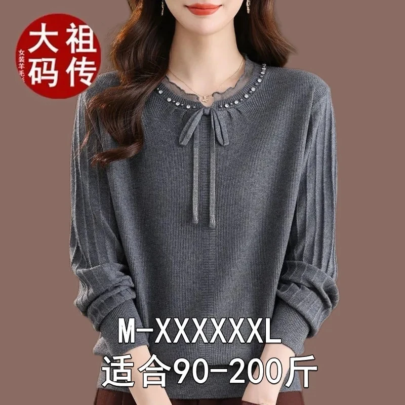 高级感妈妈装大码羊毛衫秋冬新款灰色蕾丝毛衣针织打底衫内搭上衣