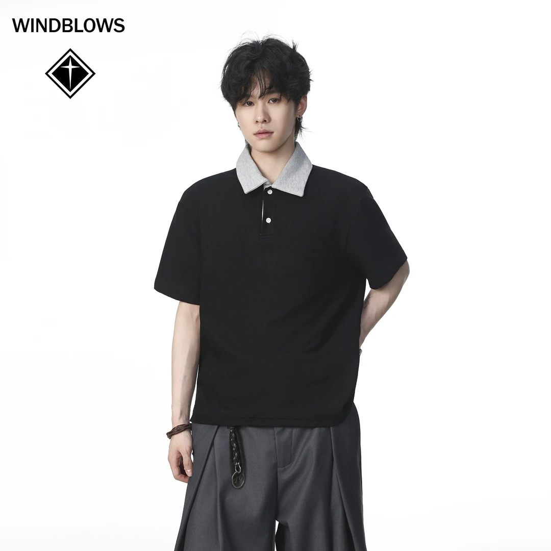 WIND BLOWS夏季休闲老钱风撞色POLO领简约宽松翻领短袖T恤百搭