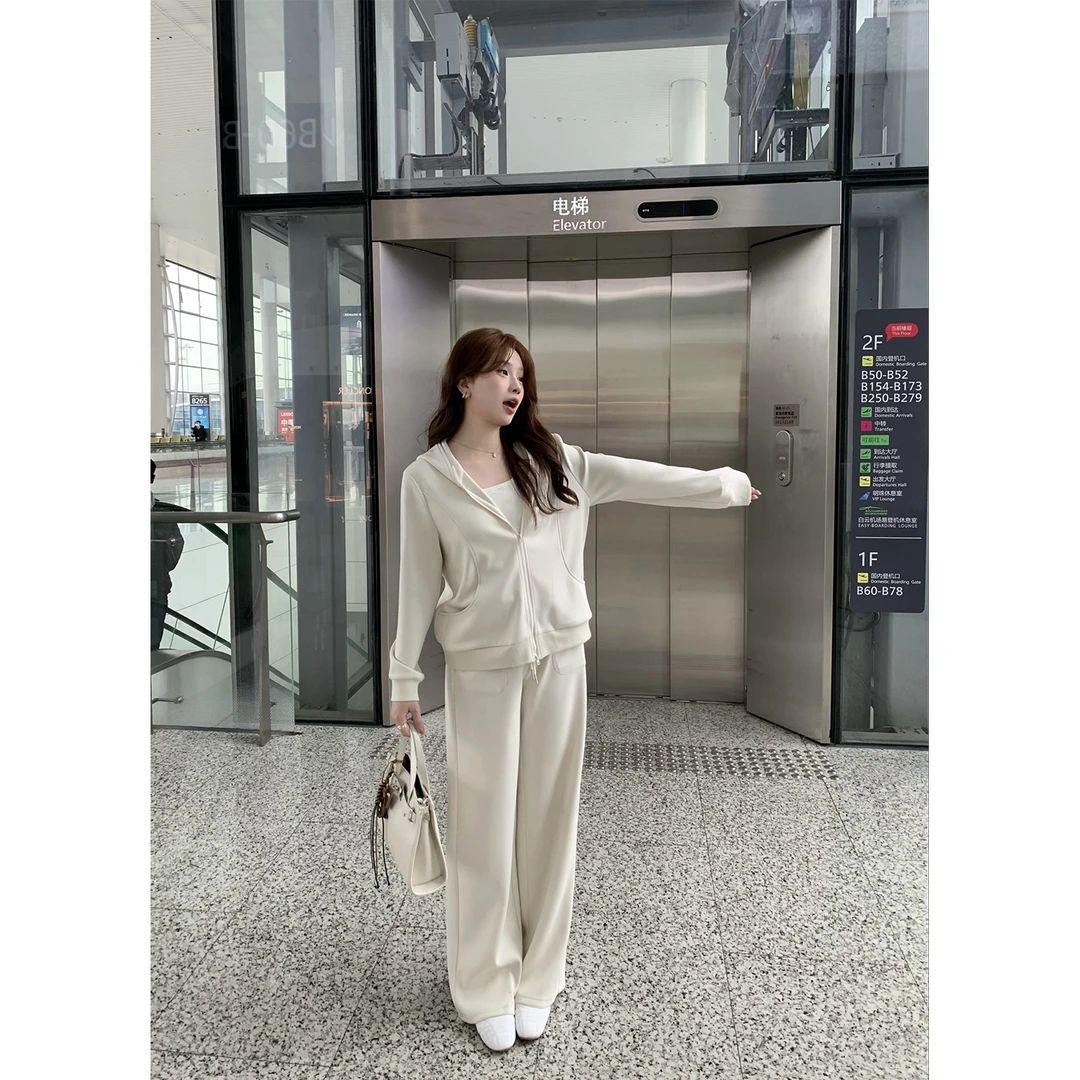 现货大婉酱微胖定制奶油泡芙春季连帽卫衣显瘦休闲卫裤套装 7708D