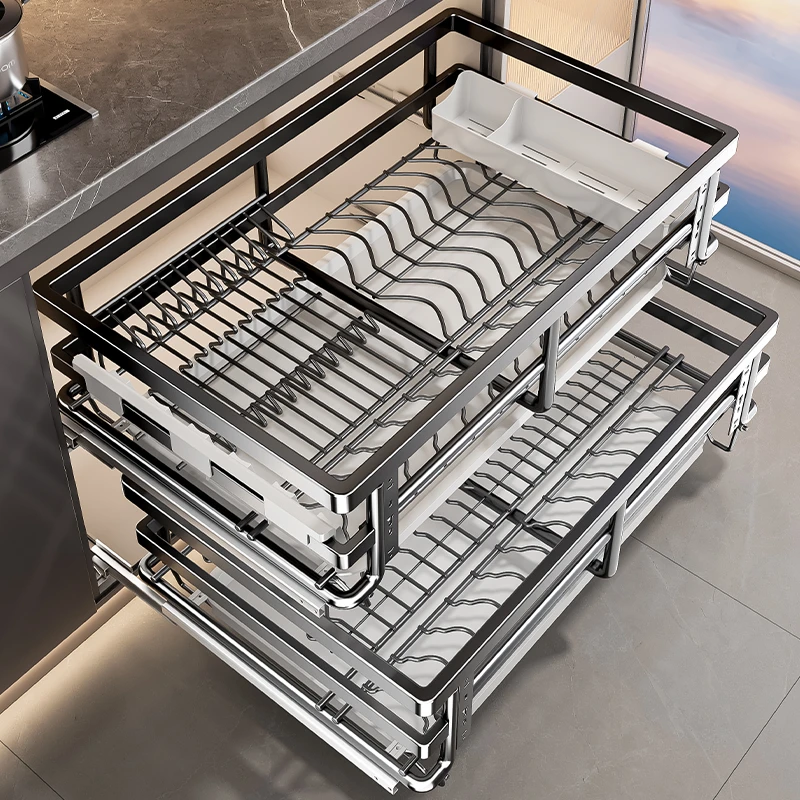 百悍拉篮厨房橱柜碗篮抽屉式双层调料篮碗架碗碟收纳篮304不锈钢