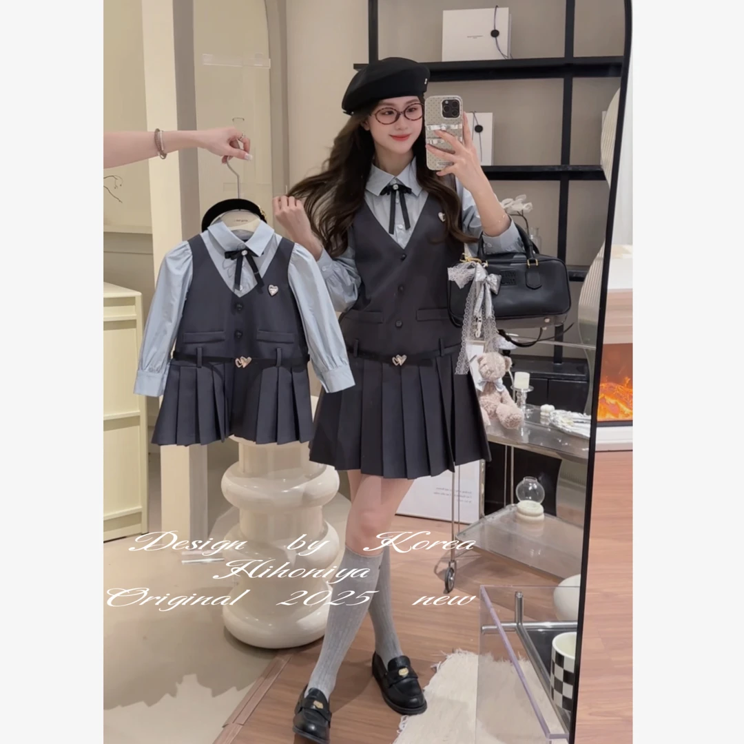 【海顿公学】五Hihoniya~2025春季亲子款假两件学院风韩版连衣裙