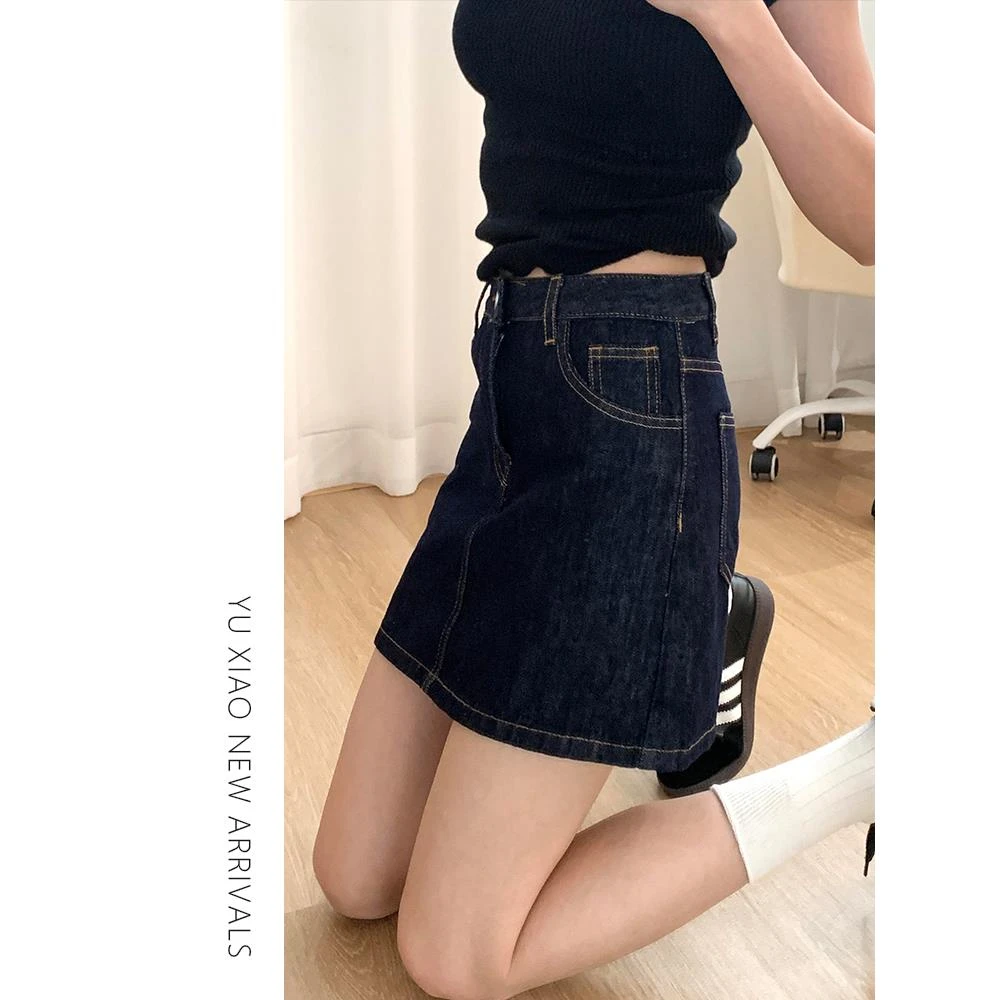 VEFG秋季深蓝色牛仔裙裤女胖mm显瘦高腰短裙梨形身材a字半身裙子