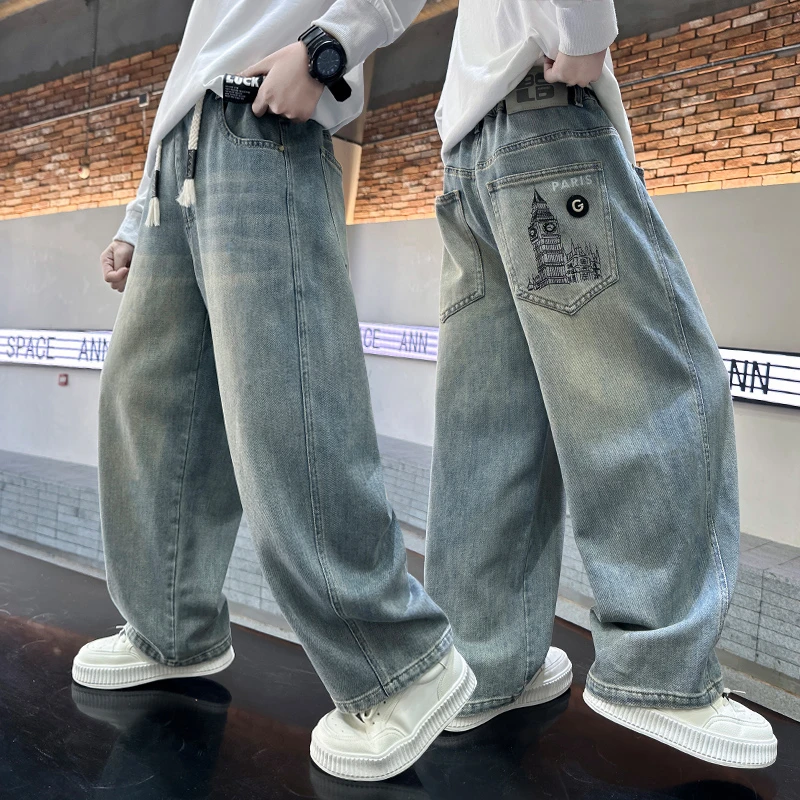 男童裤子春秋款2025新款儿童春装牛仔裤大童春季痞帅阔腿裤男孩潮