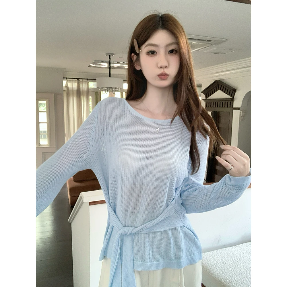 韩系麻色百搭镂空系带针织打底衫女春夏款休闲宽松慵懒风套头罩衫