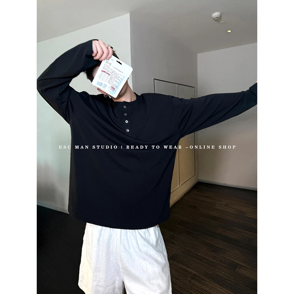 ESC MAN STUDIO/自制 慵懒风亨利领纯色柔软舒适感休闲长袖T恤tee