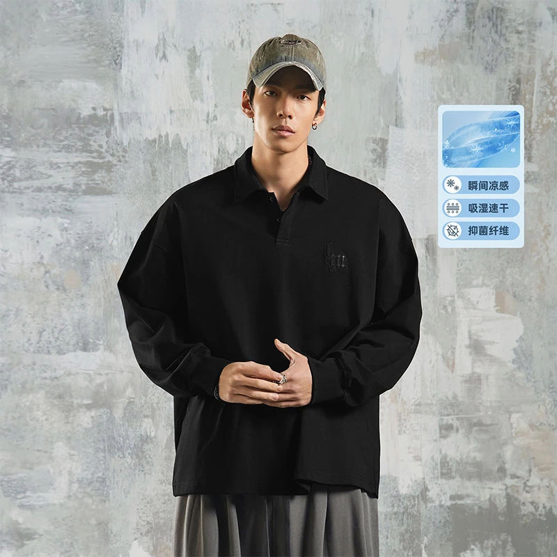 鹿家门美式休闲亨利衫运动宽松大码长袖Polo衫男运动健身T恤