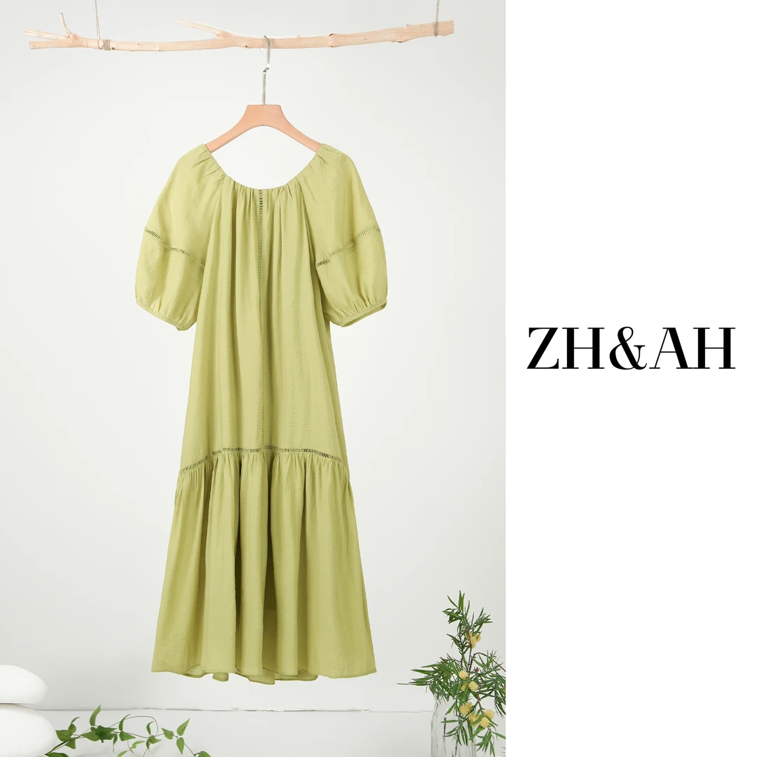 ZH&AH夏季新款时尚气质百搭孕期设计感宽松法式显白灯笼袖小绿裙