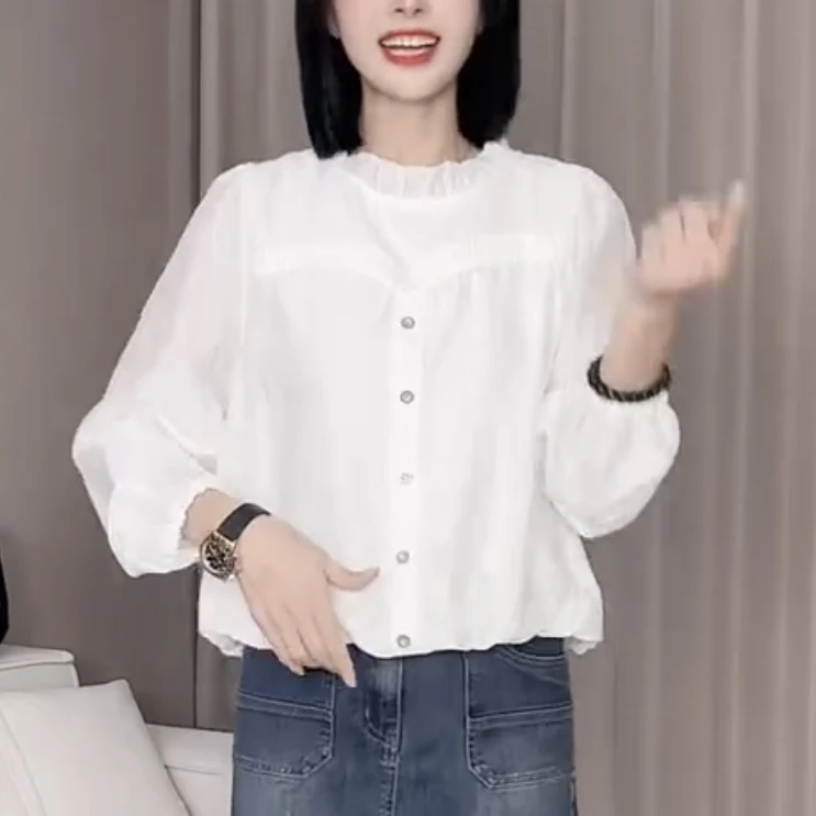 春款新款时尚韩版圆领木耳边宽松遮肉显瘦上衣