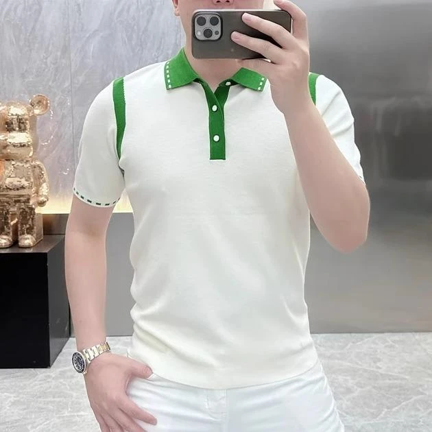夏季新款男士高品质欧版轻奢时尚冰麻拼色针织半袖翻领polo短袖