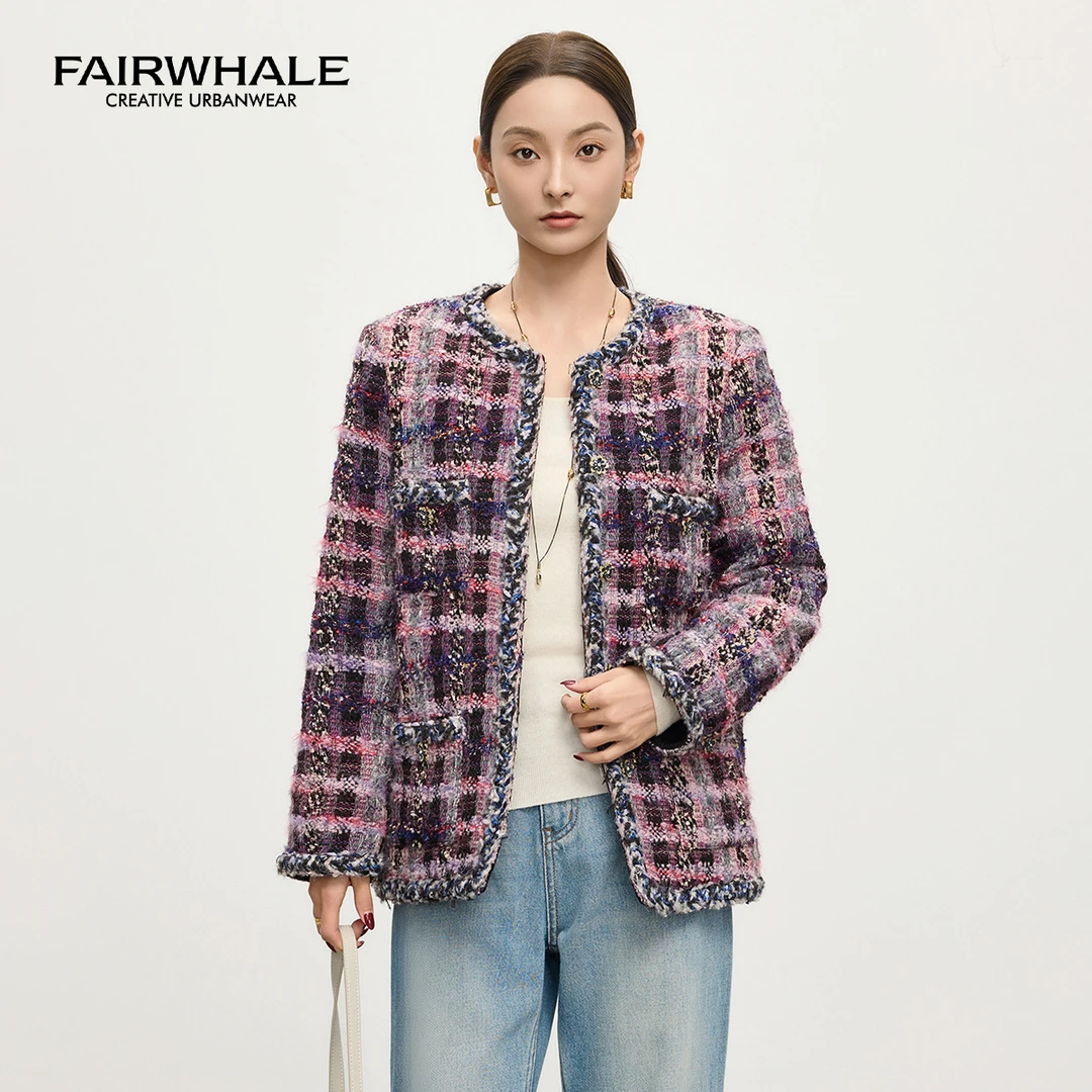 马克华菲女装圆领小香风时尚保暖亲肤百搭女复古气质粗花呢外套