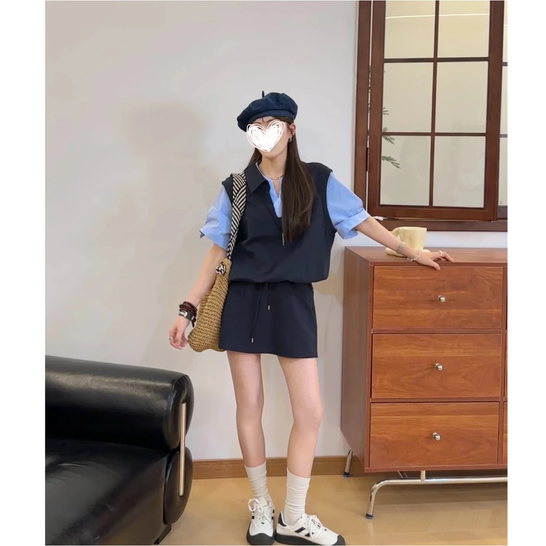 FRVXO【潮人出街】夏季新款条纹拼接假两件短袖T恤短裙两件套装