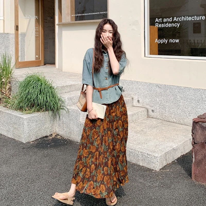 复古美拉德套装裙夏季女2025新款氛围感文艺范牛仔衬衫印花半身裙