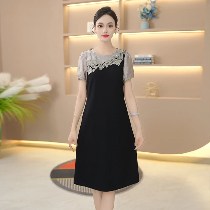 D气质连衣裙新款小黑裙拼接显瘦洋气时尚中长款裙子