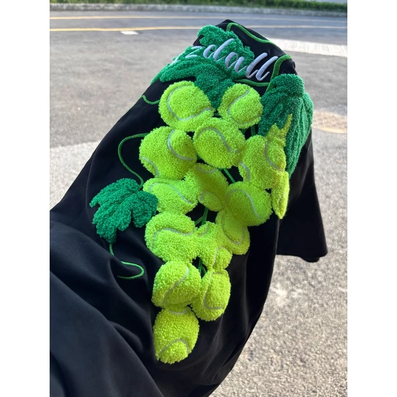 葡萄网球刺绣T恤男夏季重磅美式复古高街潮牌街头小众设计感短袖