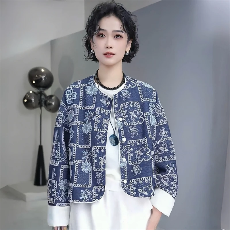 国风刺绣花朵圆领外套2025开春唐装复古宽松休闲百搭小众短上衣女