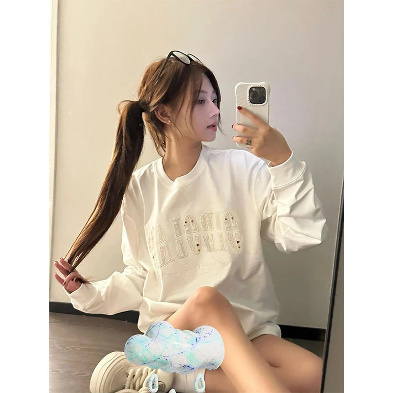小众不撞款~创意字母刺绣纯棉白色t恤女春秋季小个子宽松长袖上衣